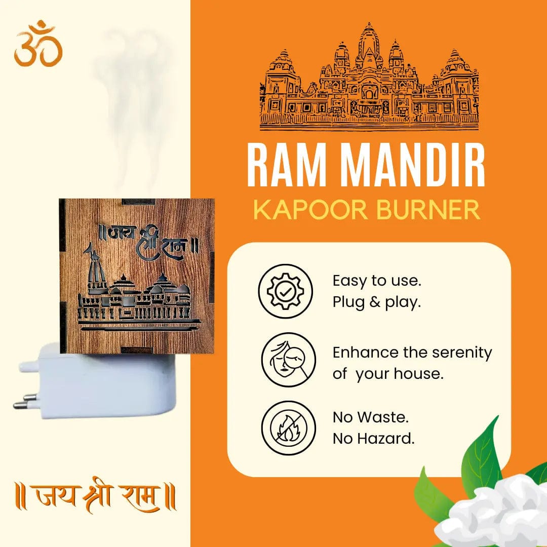 Kapoorflame™️ | Ayodhya Ram Mandir Wooden Temple Kapoor Dani Camphor Diffuser KapoorFlame™️ 3-in-1 Ayodhya Ram Mandir Electric Aroma Burner & Night lamp Zaavio®