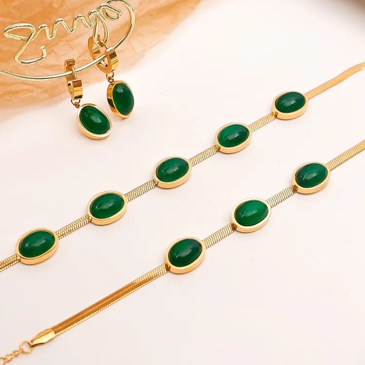 ViridisCrysta™️ | Necklace Set Pendant Long Stone Silver Necklace Oval Green Set with Bracelet Necklace Set with Bracelet ViridisCrysta™️ Oval Green Crystal Pendant Necklace Set with Bracelet Zaavio®